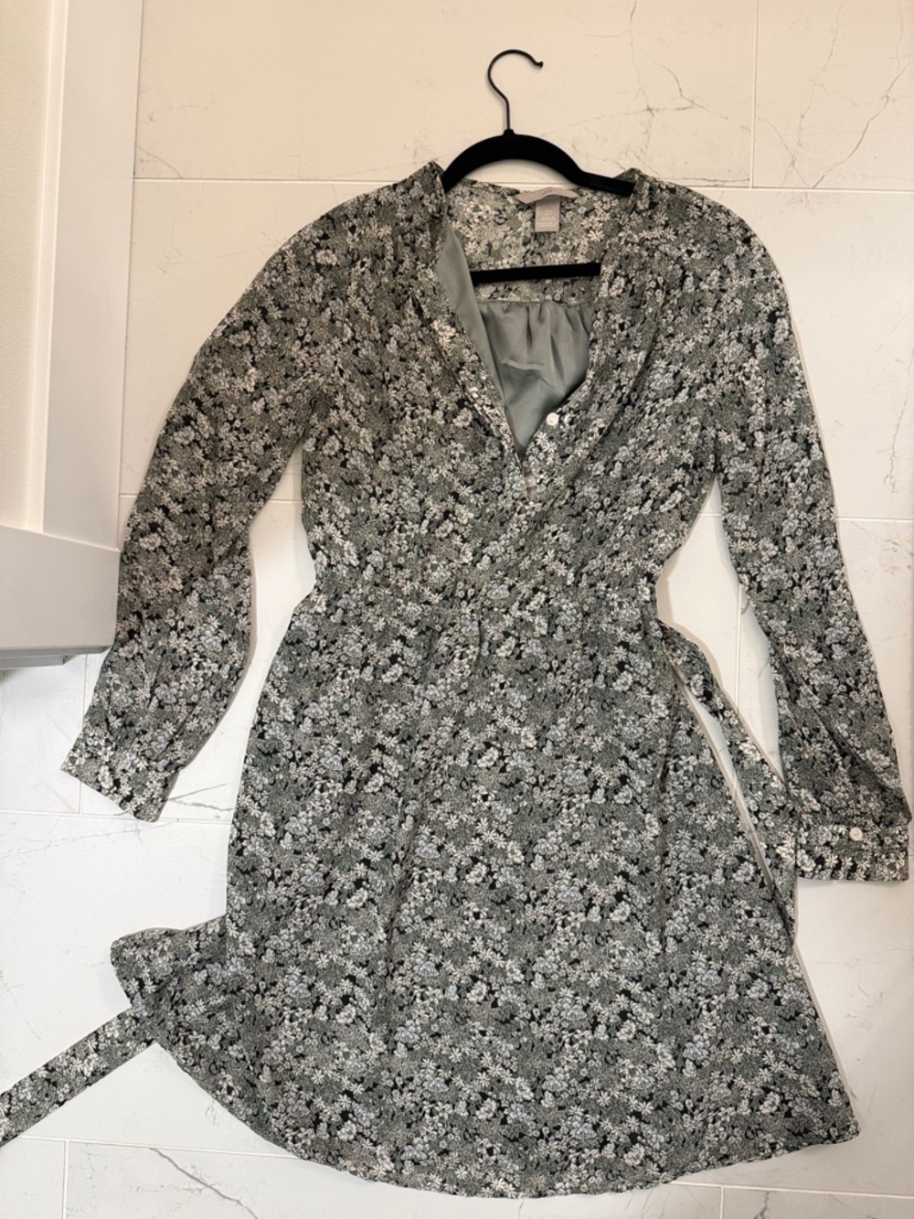 H&M Sage Green Floral Long-Sleeve Wrap Dress